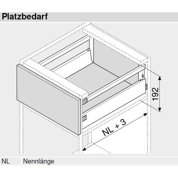 Schubkasten-Bausatz, Tandembox Antaro, Systemhöhe C 192mm mit Reling, mit Korpusschiene 30/65 kg Blumotion